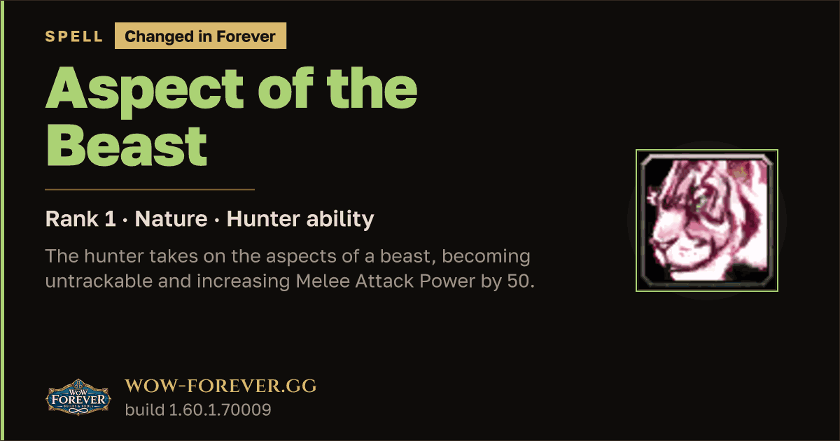 The preview card for Aspect of the Beast (Rank 1) - Hunter Spell