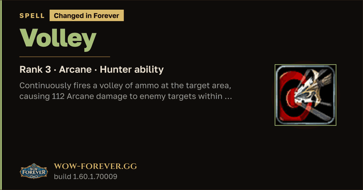 The preview card for Volley (Rank 3) - Hunter Spell