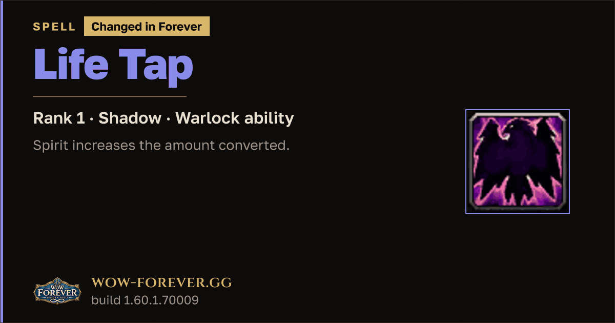 The preview card for Life Tap (Rank 1) - Warlock Spell