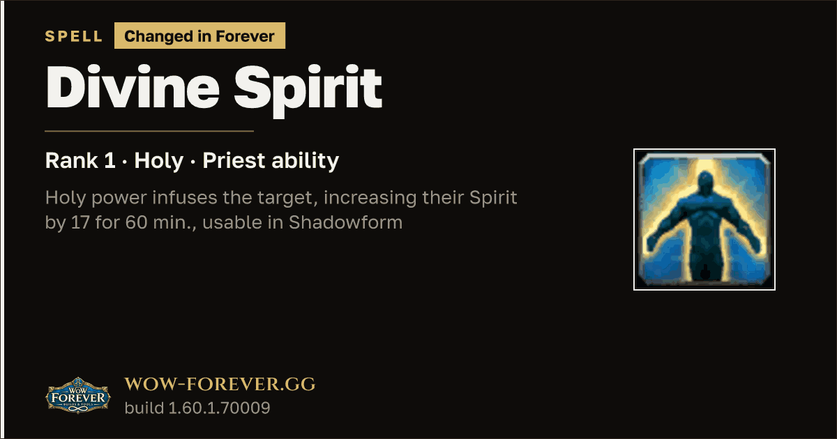 The preview card for Divine Spirit (Rank 1) - Priest Spell