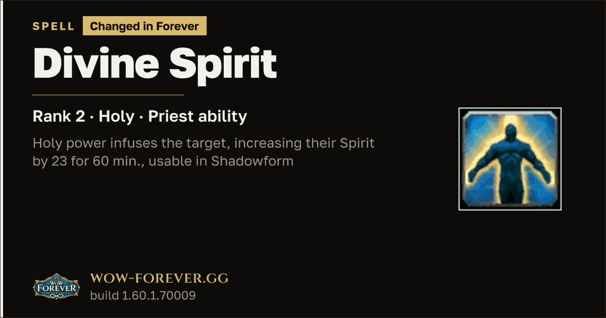 The preview card for Divine Spirit (Rank 2) - Priest Spell