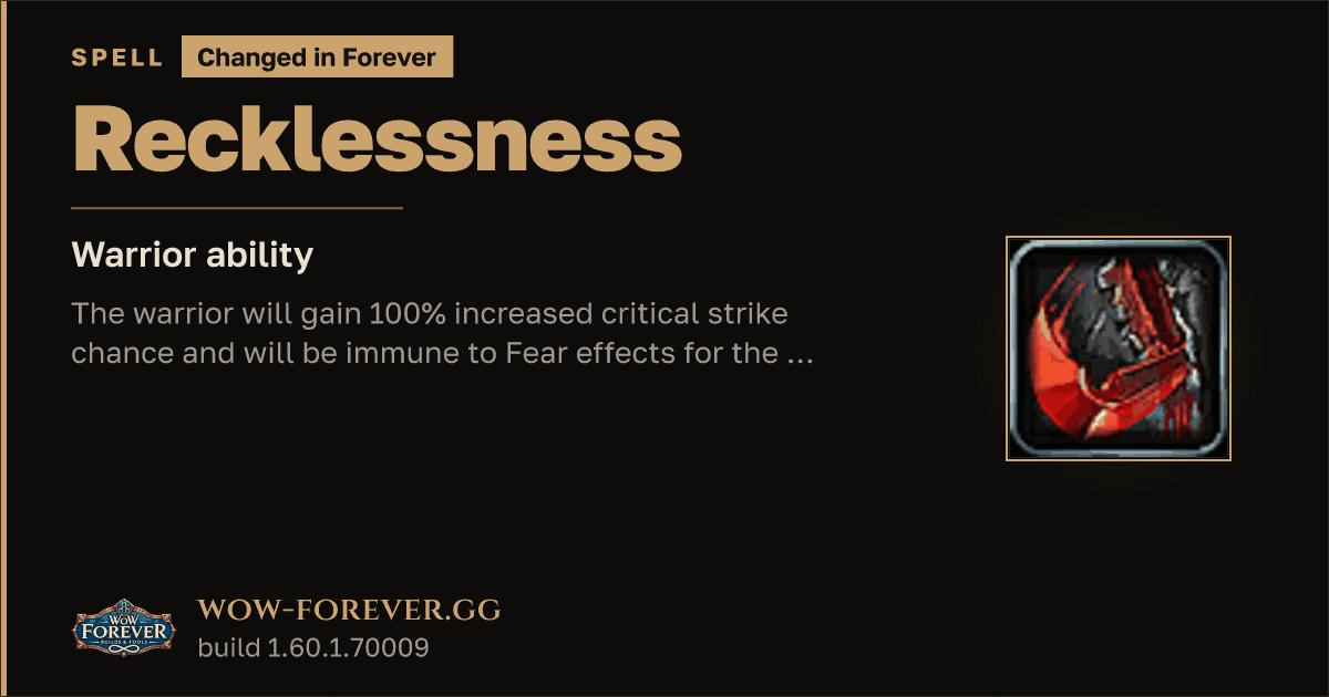 The preview card for Recklessness - Warrior Spell