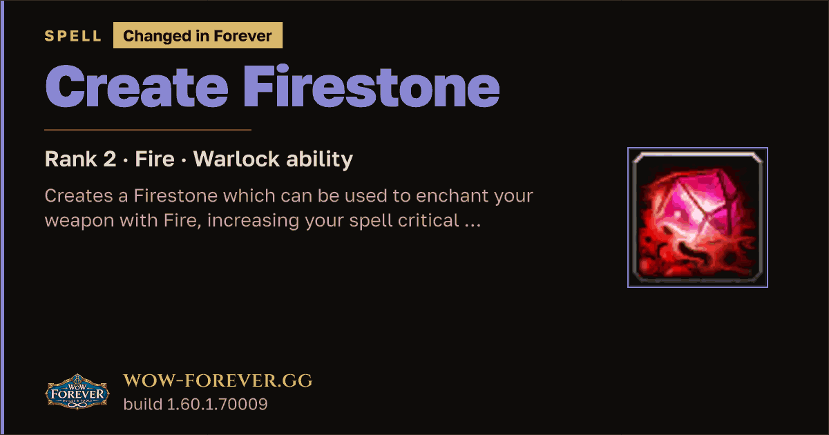 The preview card for Create Firestone (Rank 2) - Warlock Spell