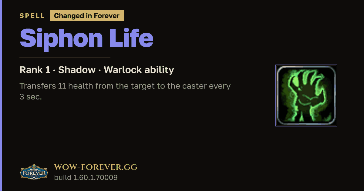 The preview card for Siphon Life (Rank 1) - Warlock Talent