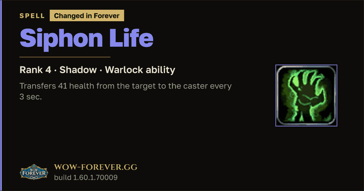 The preview card for Siphon Life (Rank 4) - Warlock Spell