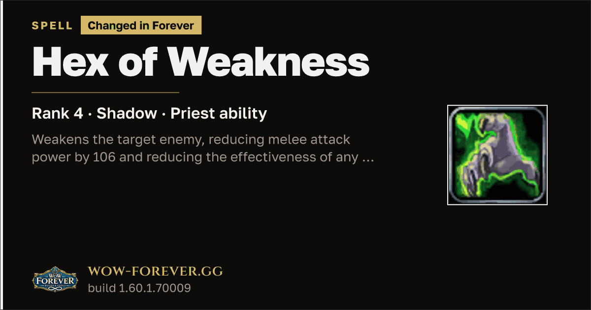 The preview card for Hex of Weakness (Rank 4) - Priest Spell