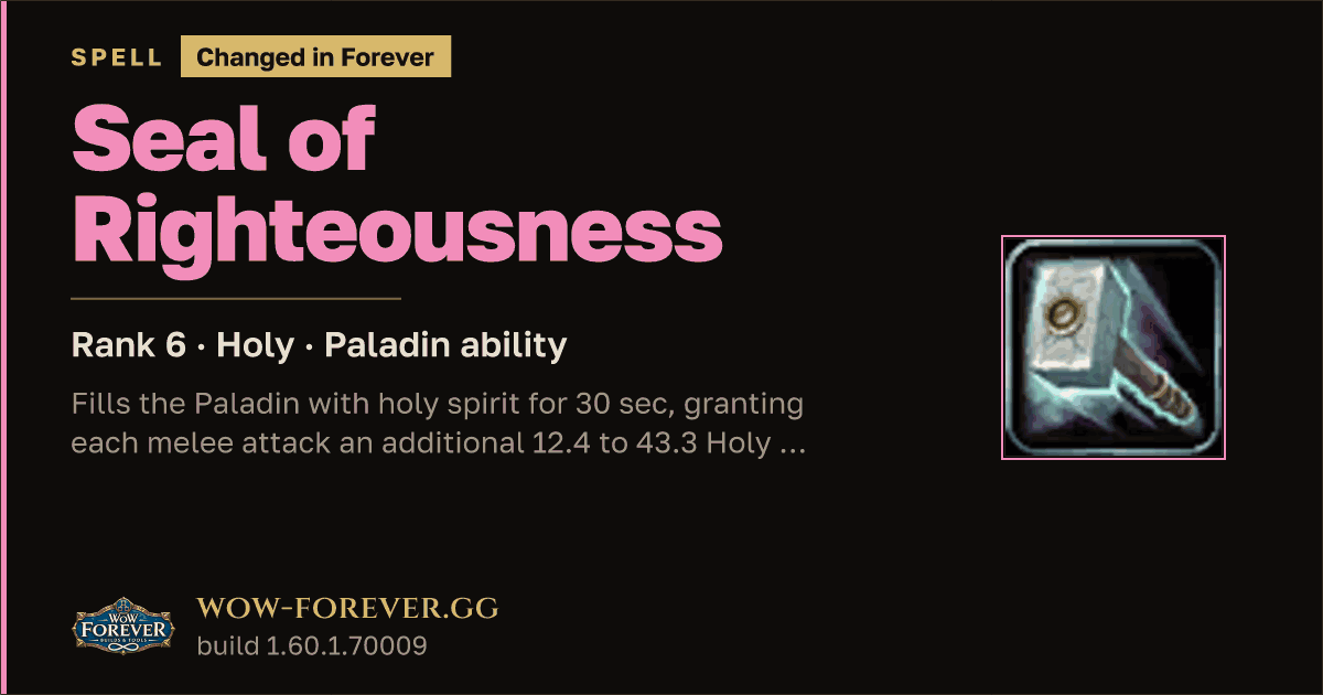 The preview card for Seal of Righteousness (Rank 6) - Paladin Spell