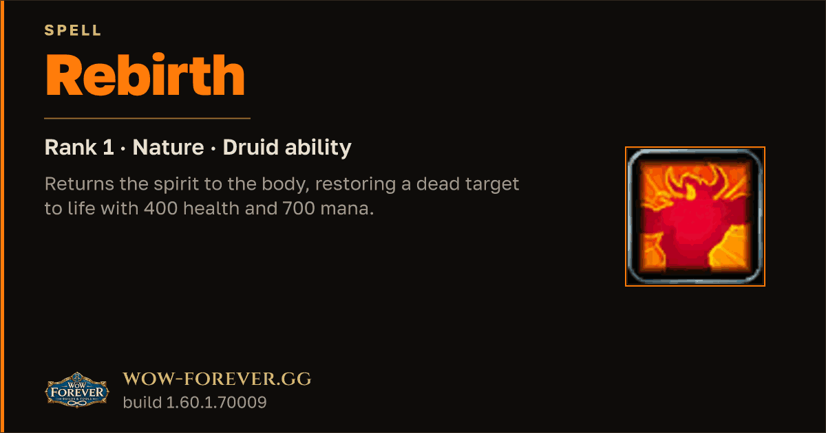 The preview card for Rebirth (Rank 1) - Druid Spell