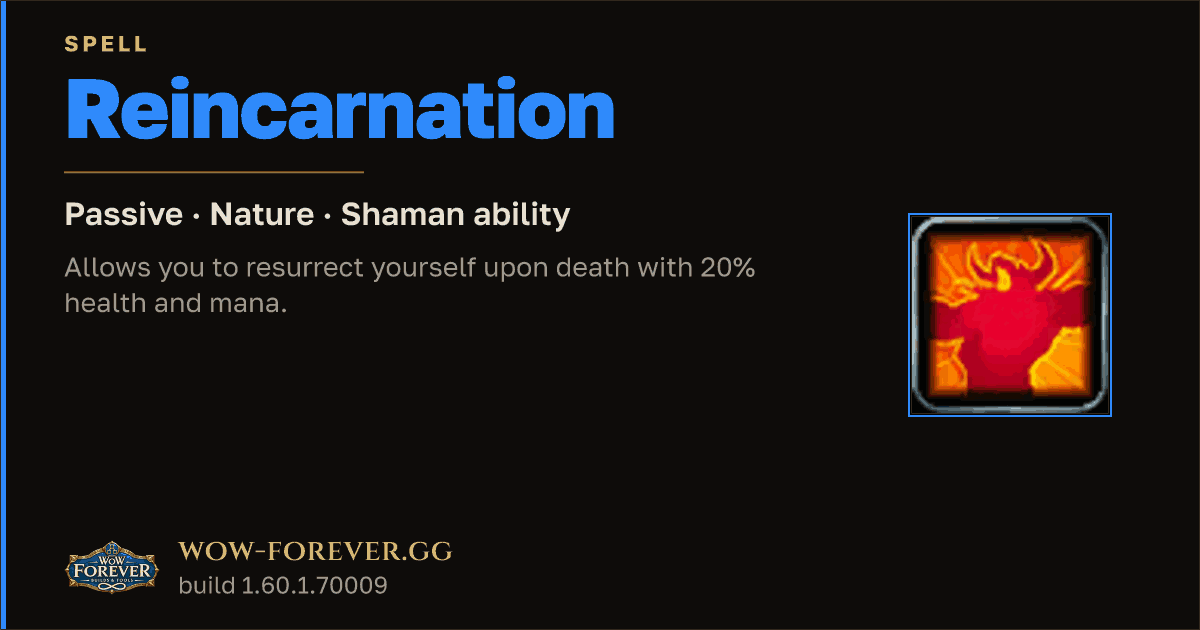 The preview card for Reincarnation (Passive) - Shaman Spell