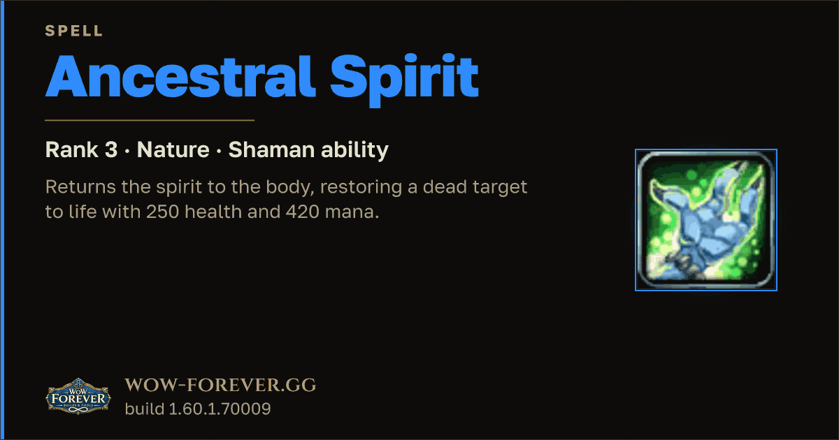 The preview card for Ancestral Spirit (Rank 3) - Shaman Spell