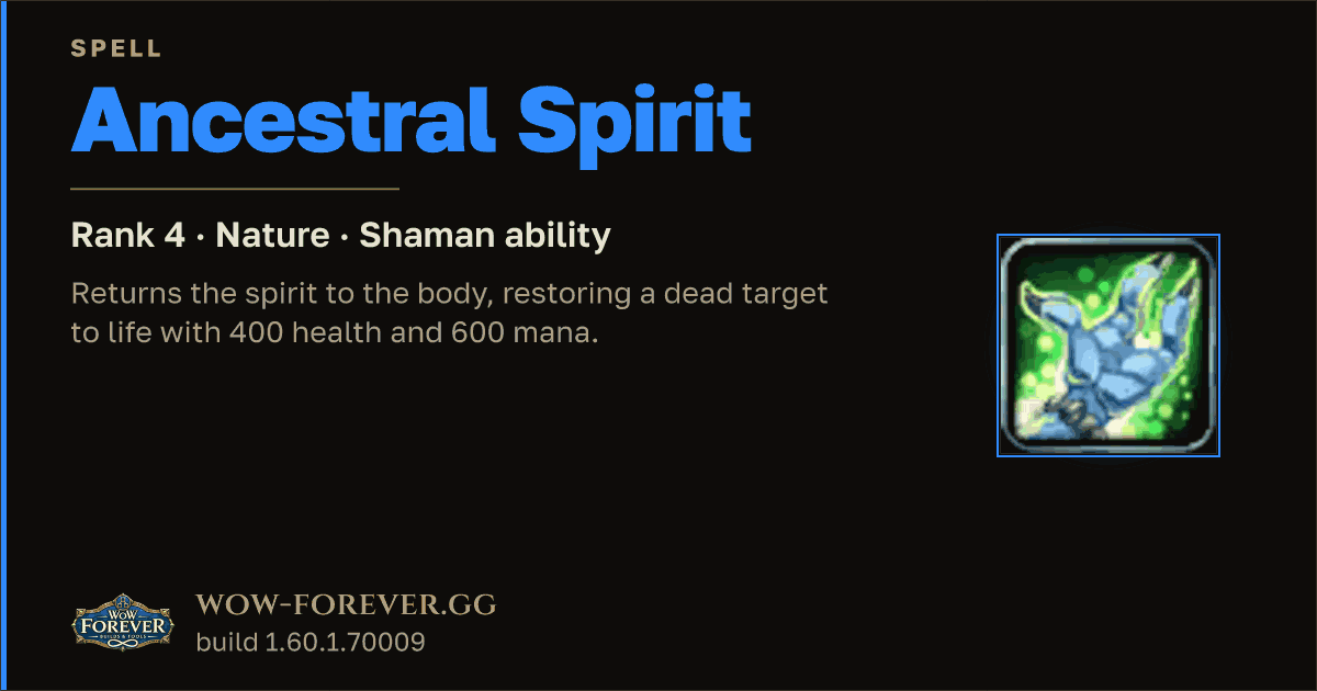 The preview card for Ancestral Spirit (Rank 4) - Shaman Spell
