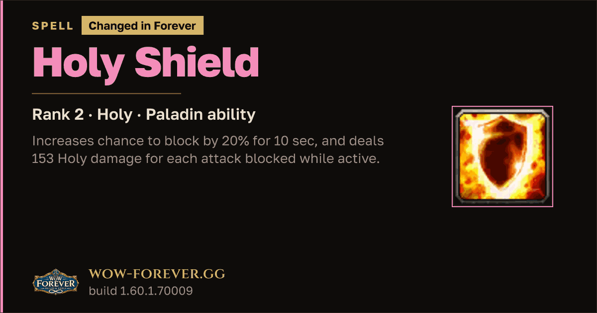 The preview card for Holy Shield (Rank 2) - Paladin Spell