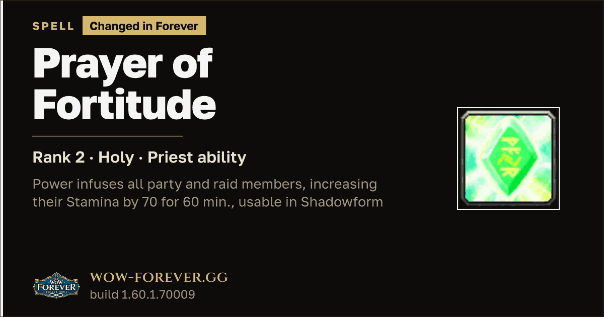 The preview card for Prayer of Fortitude (Rank 2) - Priest Spell