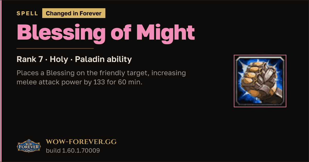 The preview card for Blessing of Might (Rank 7) - Paladin Spell