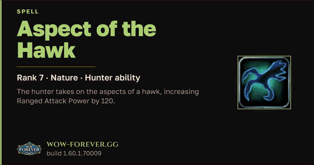The preview card for Aspect of the Hawk (Rank 7) - Hunter Spell