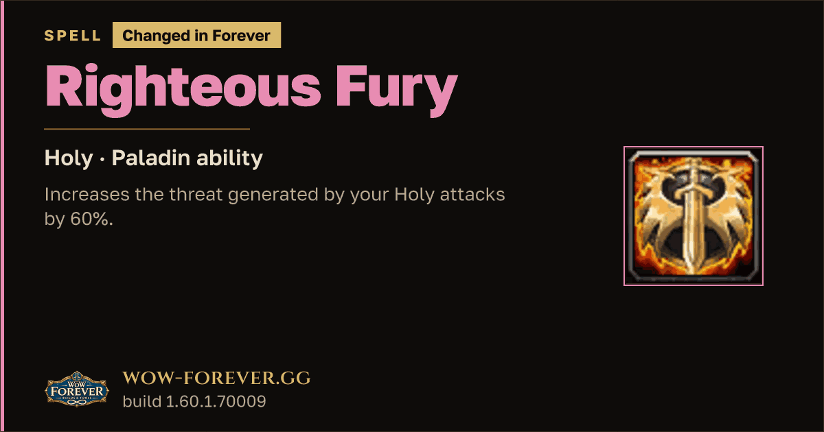 The preview card for Righteous Fury - Paladin Spell