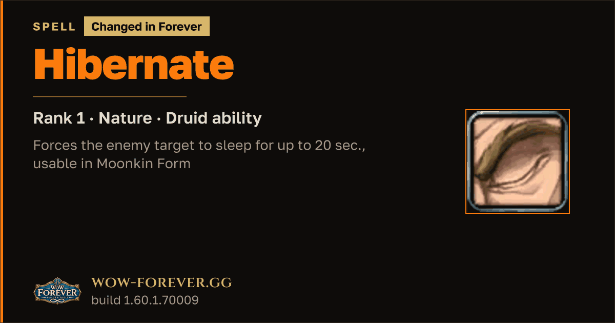 The preview card for Hibernate (Rank 1) - Druid Spell