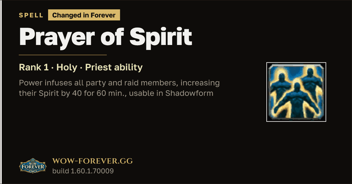 The preview card for Prayer of Spirit (Rank 1) - Priest Spell