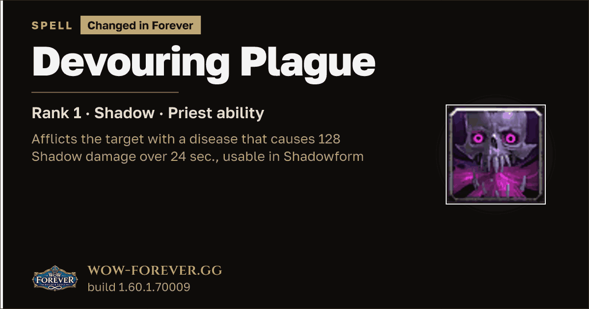 The preview card for Devouring Plague (Rank 1) - Priest Spell