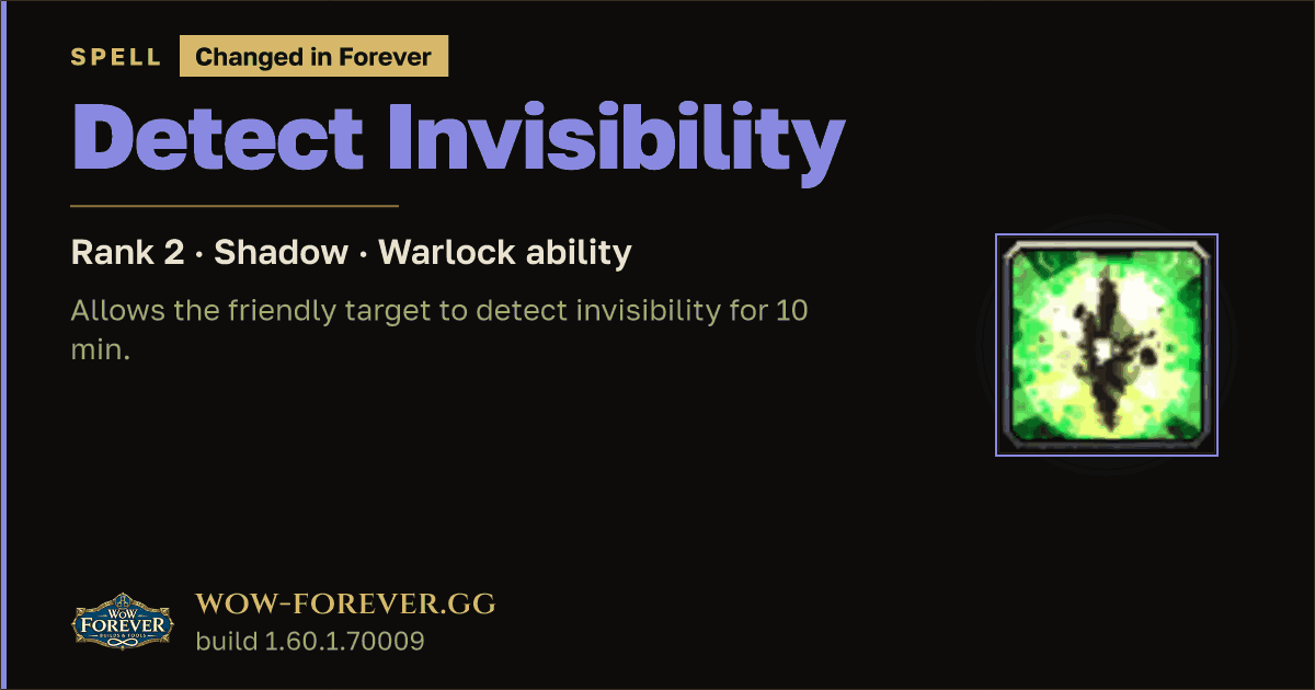 The preview card for Detect Invisibility (Rank 2) - Warlock Spell