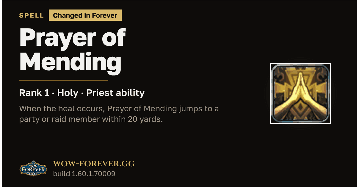 The preview card for Prayer of Mending (Rank 1) - Priest Talent