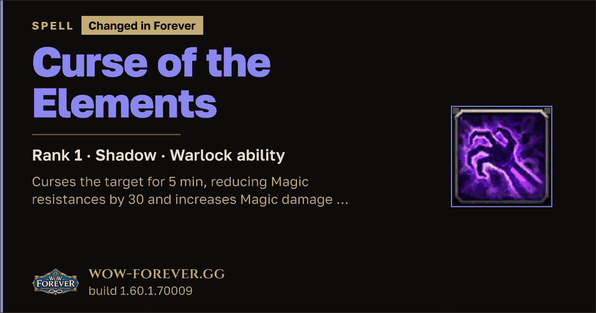 The preview card for Curse of the Elements (Rank 1) - Warlock Spell
