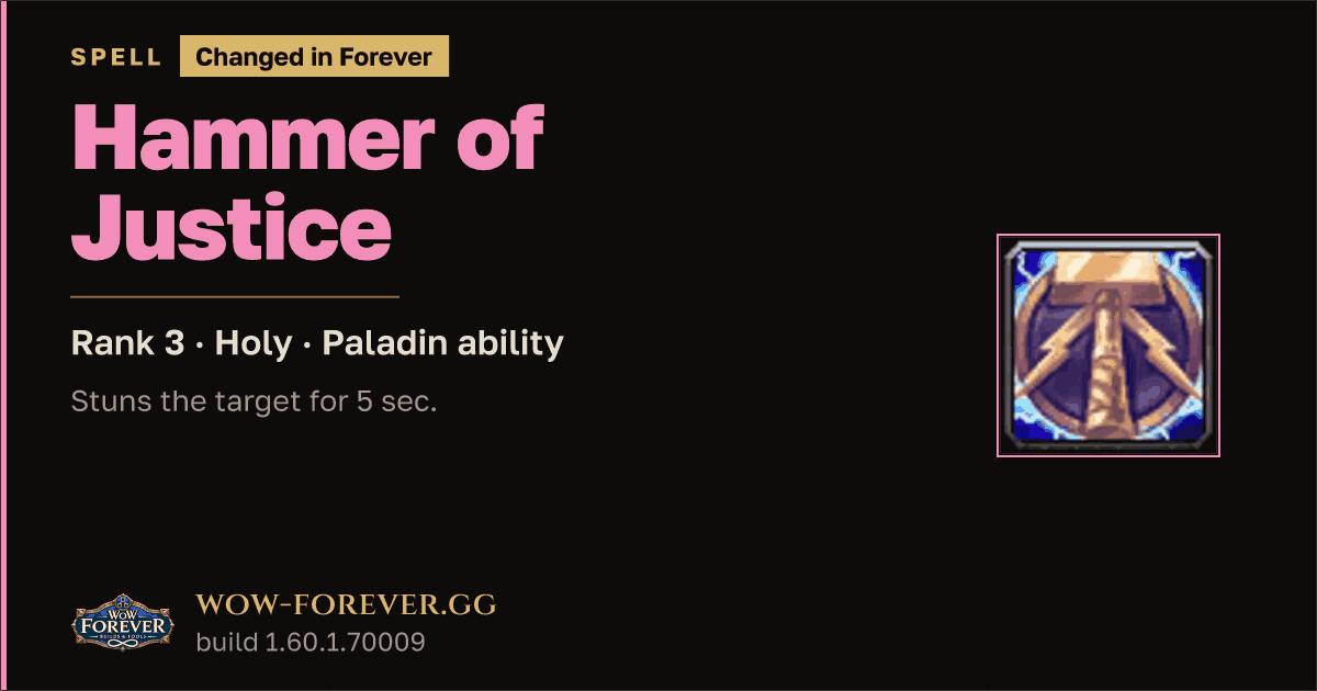 The preview card for Hammer of Justice (Rank 3) - Paladin Spell