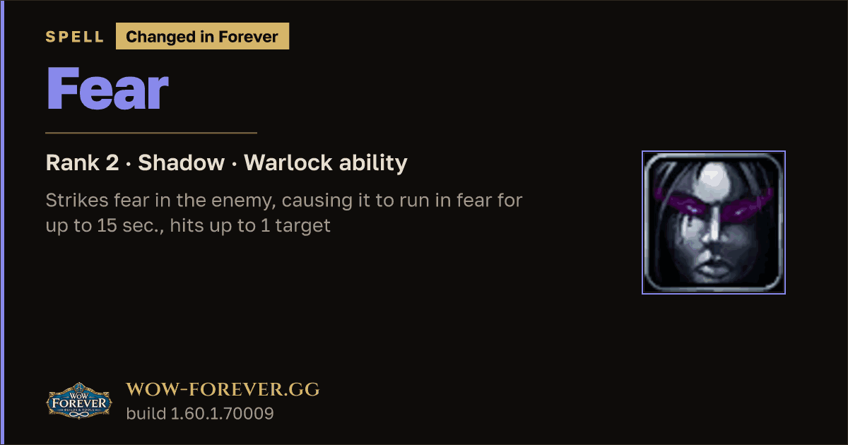 The preview card for Fear (Rank 2) - Warlock Spell
