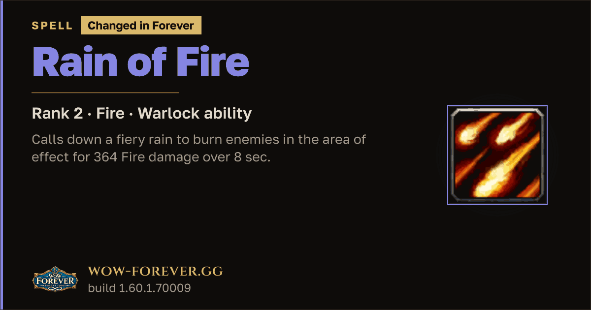 The preview card for Rain of Fire (Rank 2) - Warlock Spell