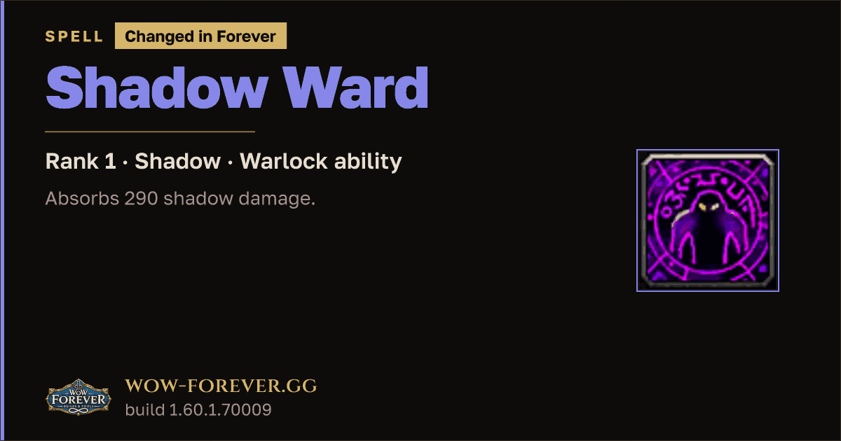 The preview card for Shadow Ward (Rank 1) - Warlock Spell