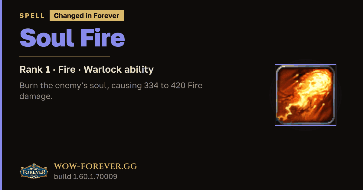 The preview card for Soul Fire (Rank 1) - Warlock Spell