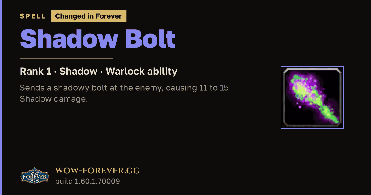 The preview card for Shadow Bolt (Rank 1) - Warlock Spell
