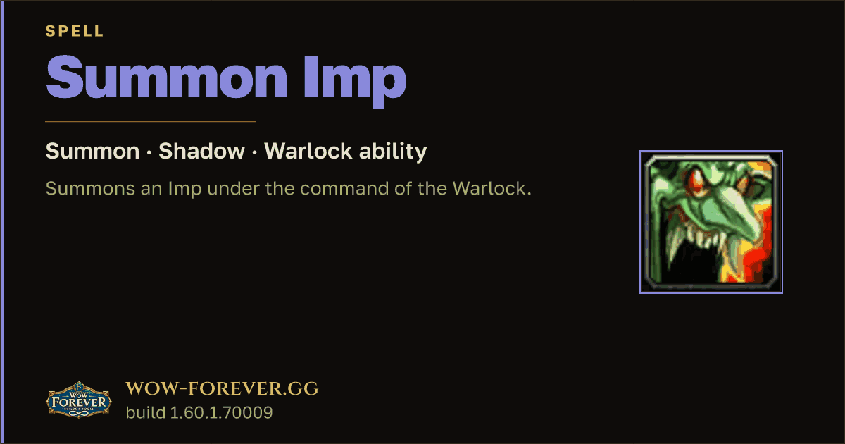 The preview card for Summon Imp (Summon) - Warlock Spell