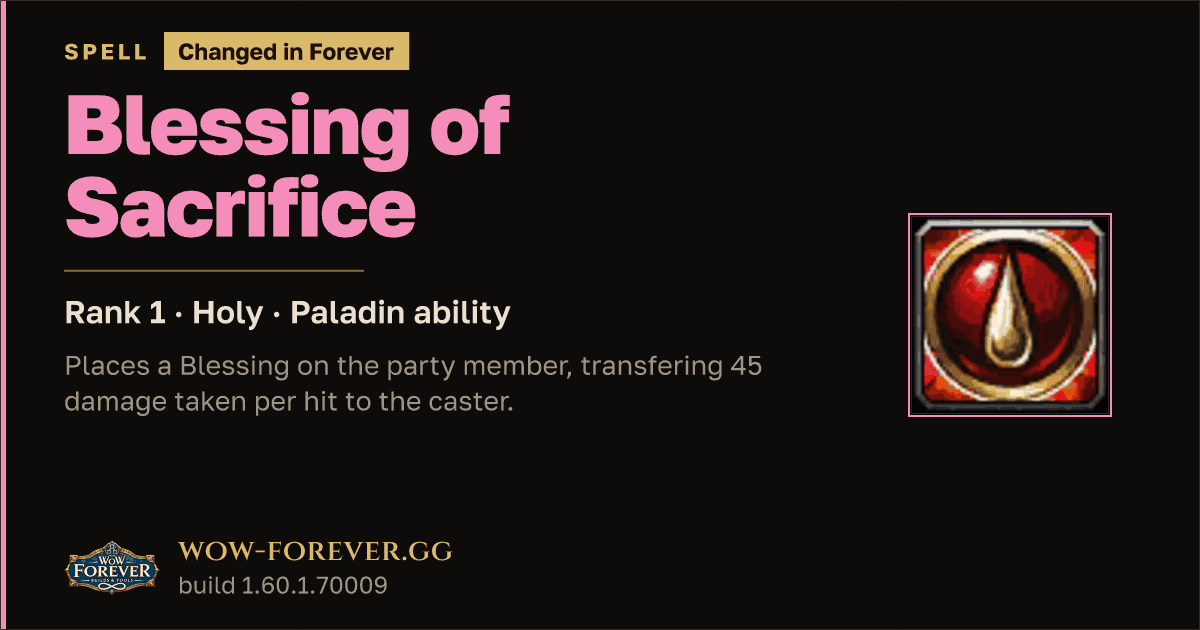 The preview card for Blessing of Sacrifice (Rank 1) - Paladin Spell