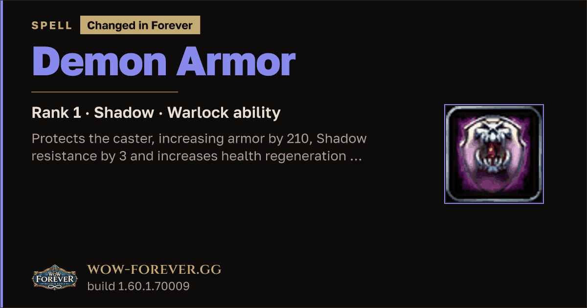 The preview card for Demon Armor (Rank 1) - Warlock Spell