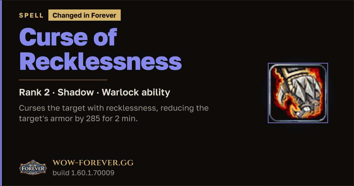 The preview card for Curse of Recklessness (Rank 2) - Warlock Spell