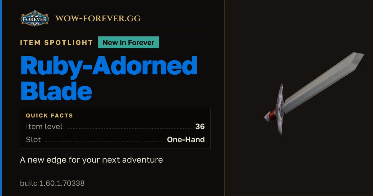 The preview card for Ruby-Adorned Blade in WoW Forever: New Rogue Sword