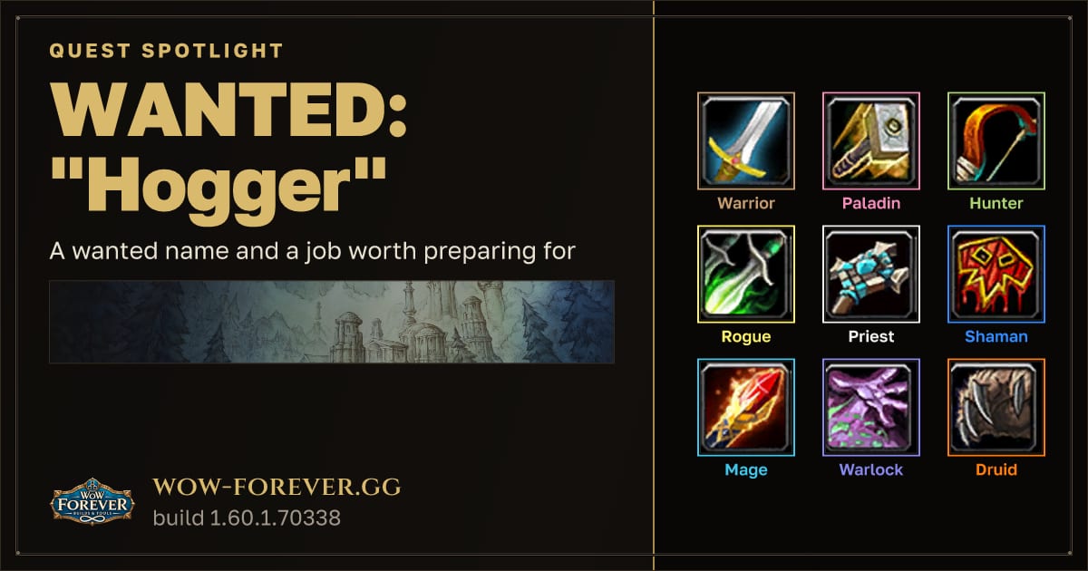 The preview card for WANTED: "Hogger" in WoW Forever: An Elite Hunt