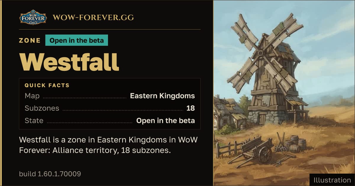 The preview card for Westfall - Zone in Eastern Kingdoms