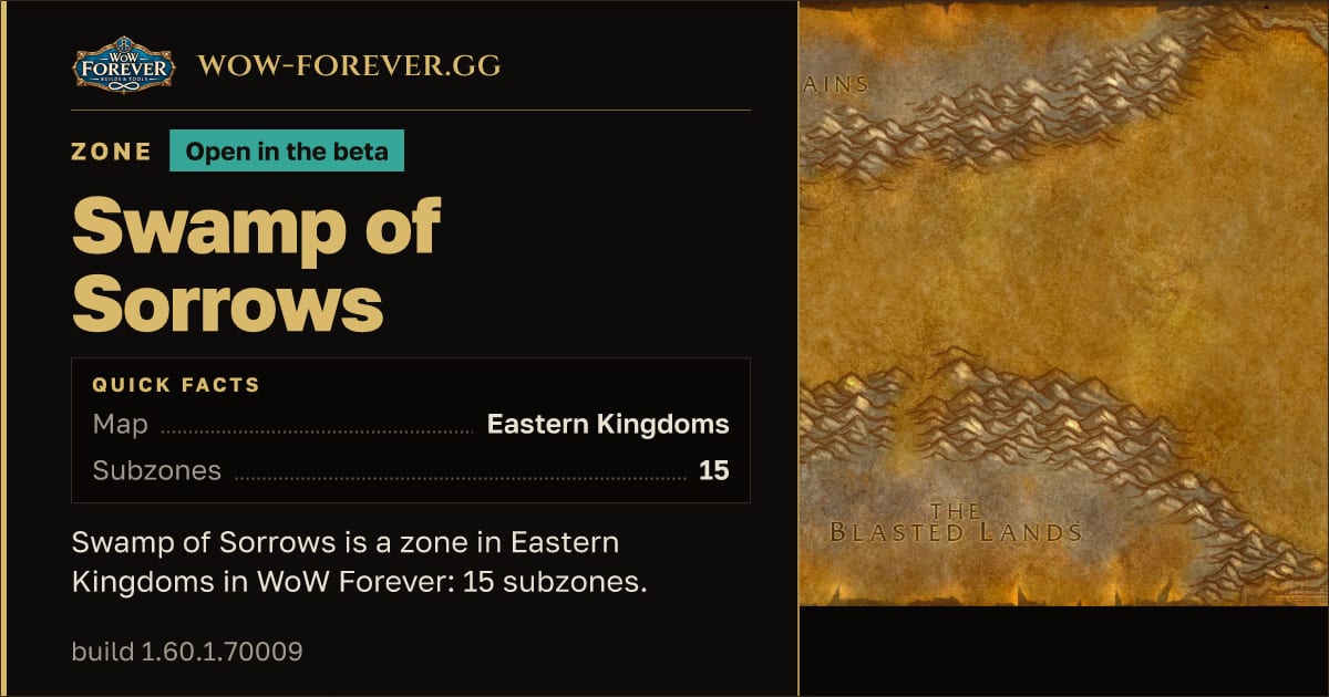 The preview card for Swamp of Sorrows - Zone in Eastern Kingdoms